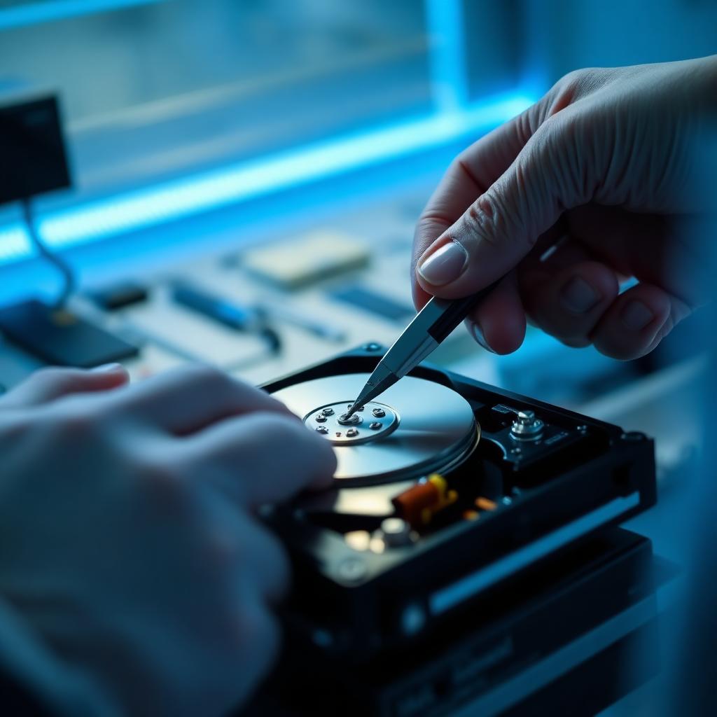 Engineer recovering data from a hard drive in a data recovery laboratory