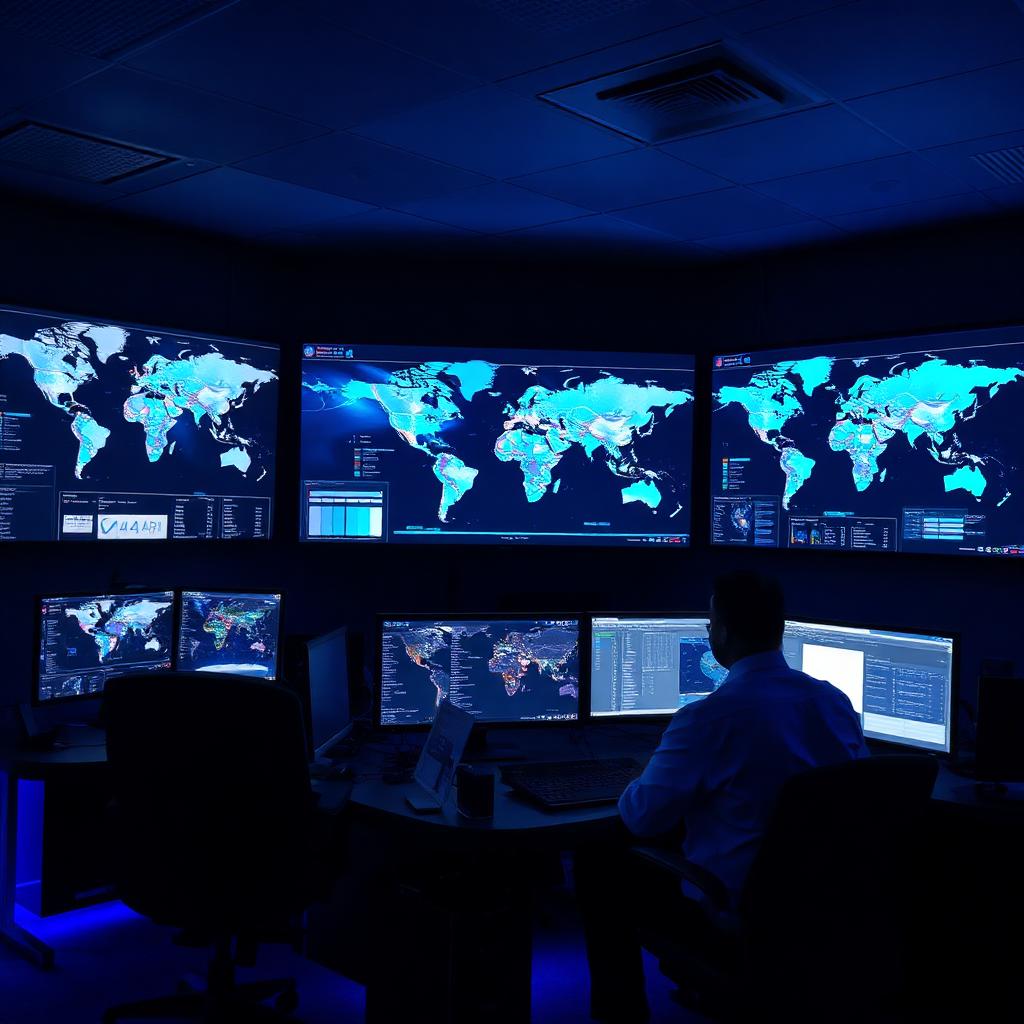 Cybersecurity operations center with global threat maps