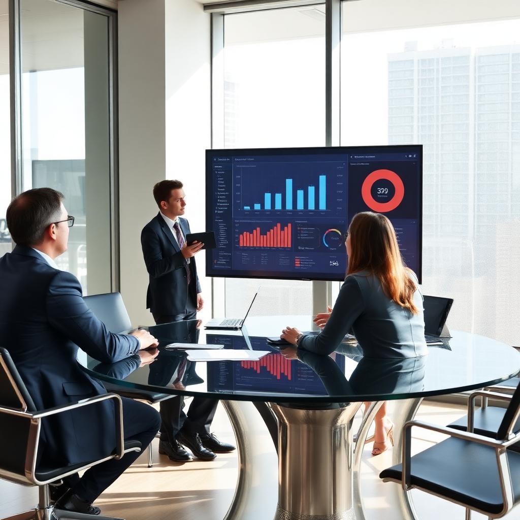 Business meeting with technology dashboard